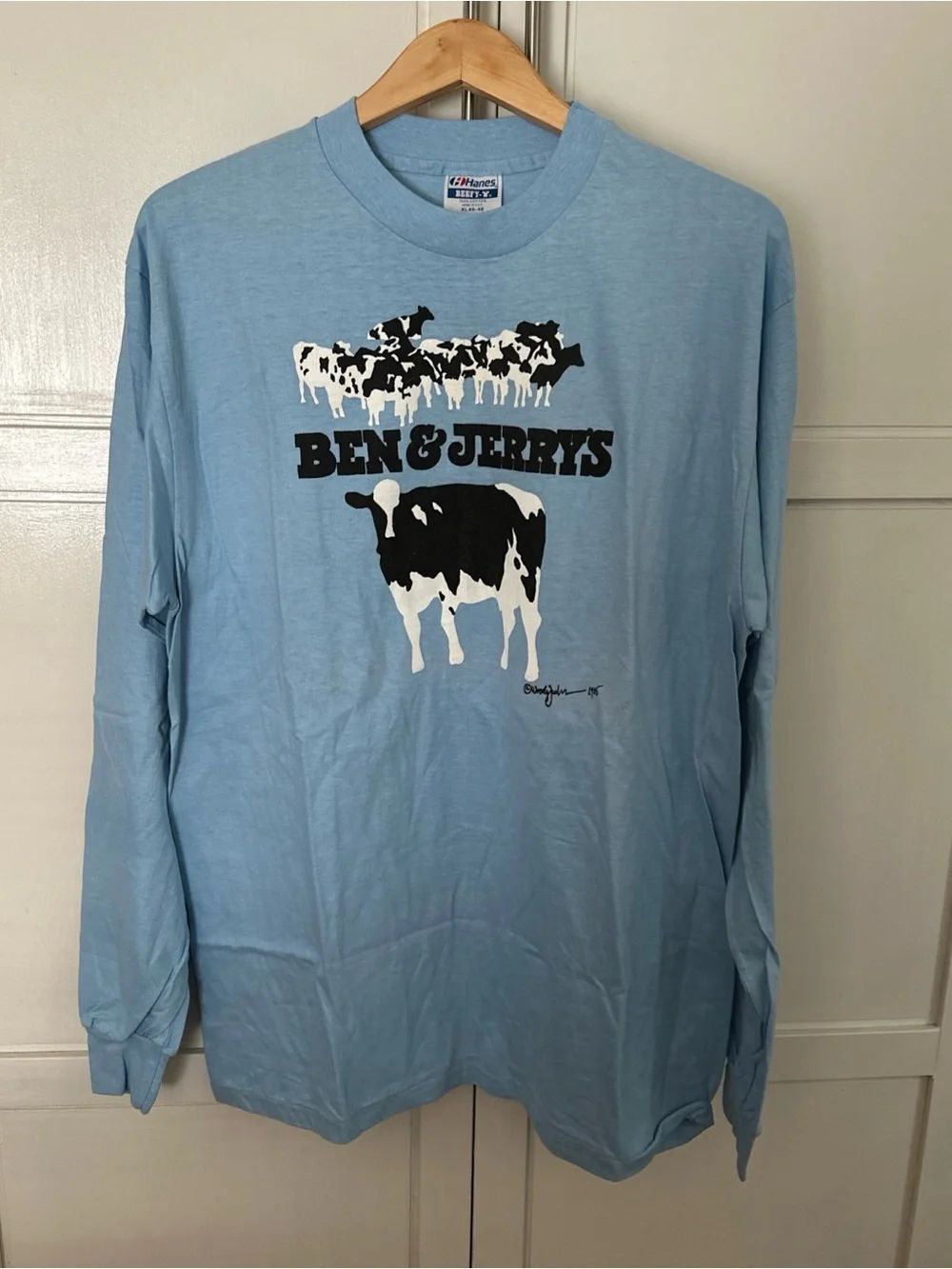 Vintage Ben & Jerrys cow graphic long sleeve T shirt Hanes Light Blue ‘80’s